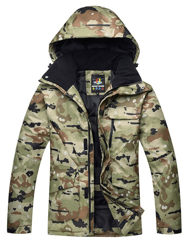 Camouflage waterproof men's snowboard jacket with hood SF0899, designed for warmth and durability on the slopes.